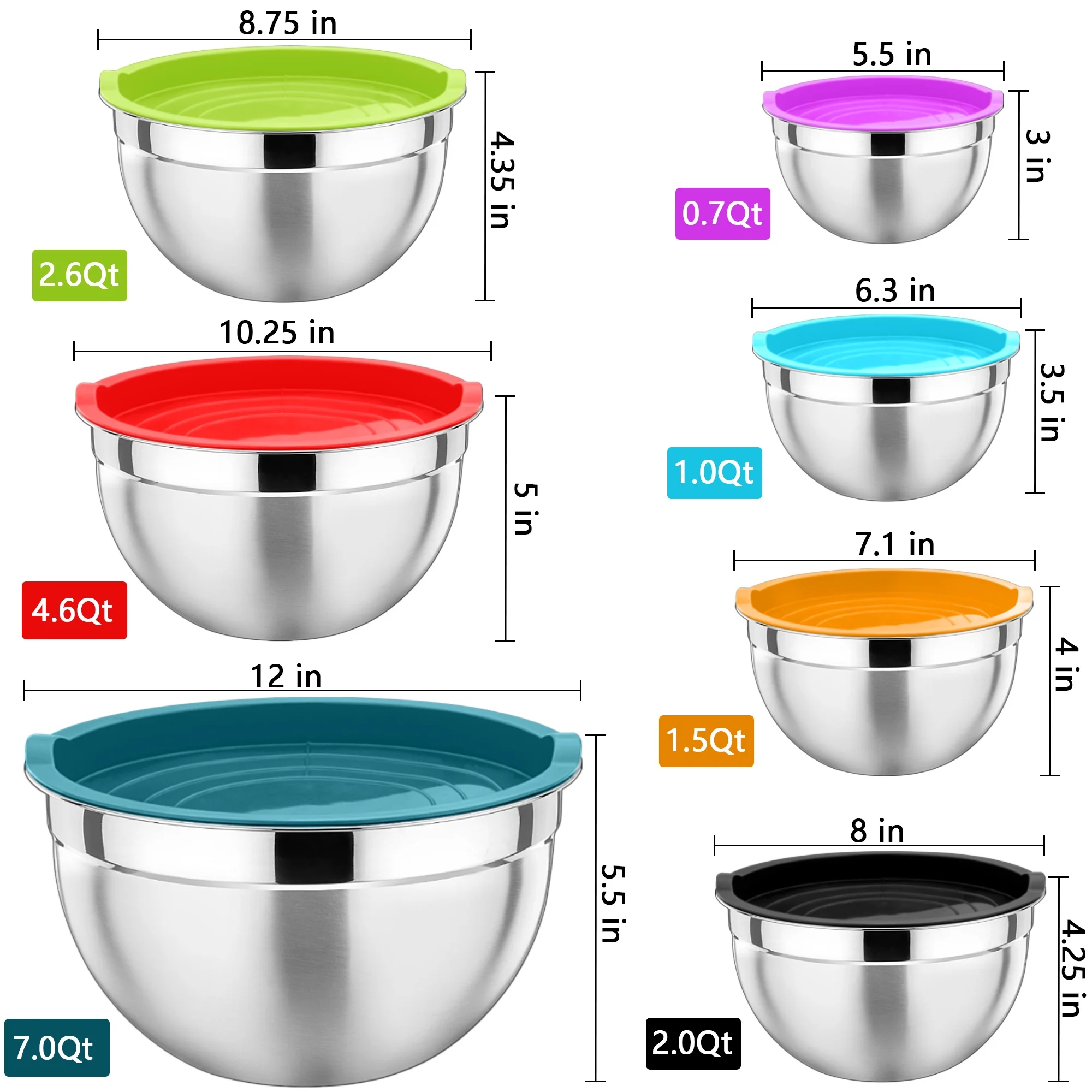 Walchoice Stainless Steel Mixing Bowls with Lids Set of 7, Metal Bowls with Airtight Lids & 16 Pieces Kitchen Accessories for Cooking Baking Serving - 7/4.6/2.6/2/1.5/1/0.7 QT, Colorful