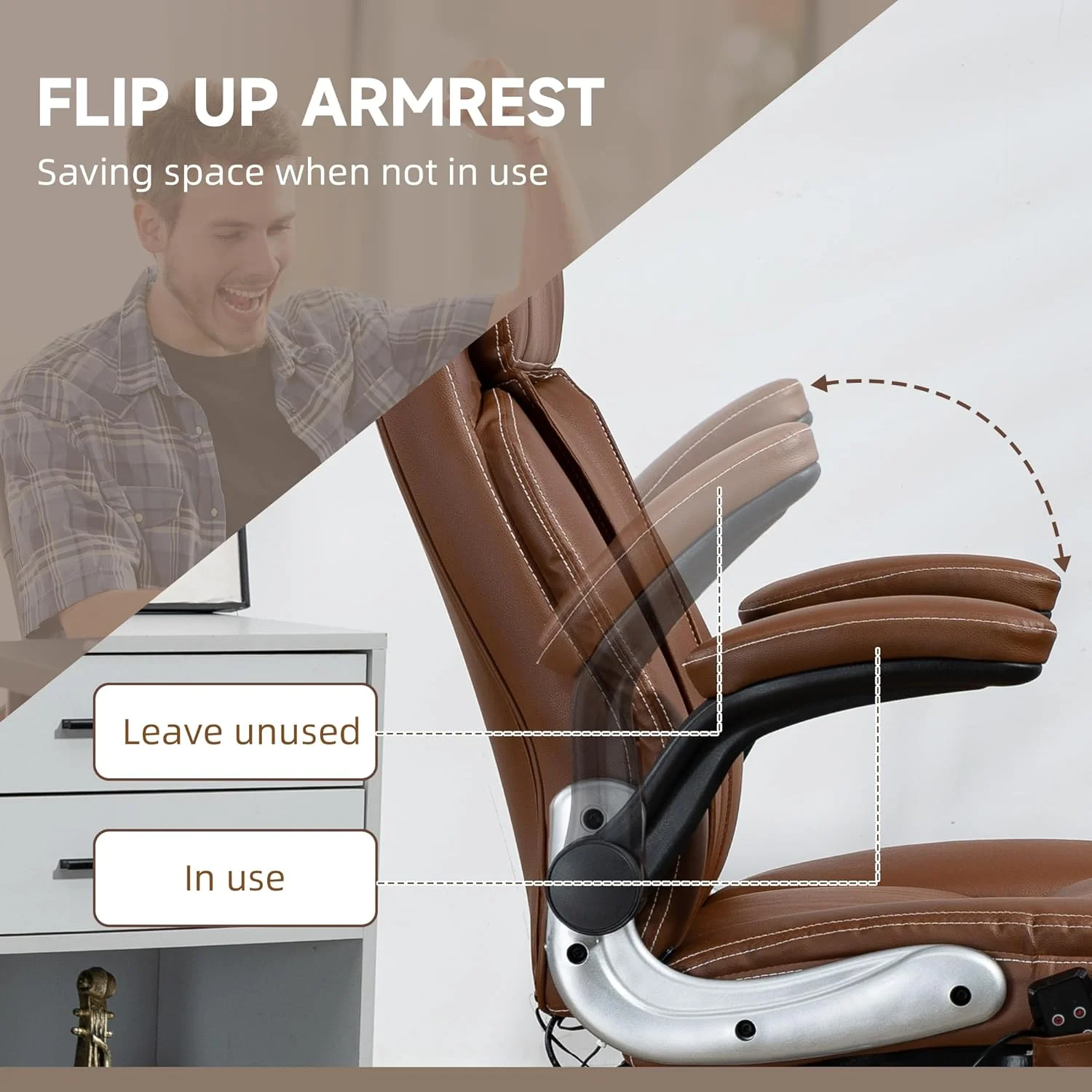 Executive Massage Office Chair With 6 Vibration Points, Heated Faux Leather Computer Desk Chair With -Up Armrest, Adjustable Height, Swivel Wheel, Brown