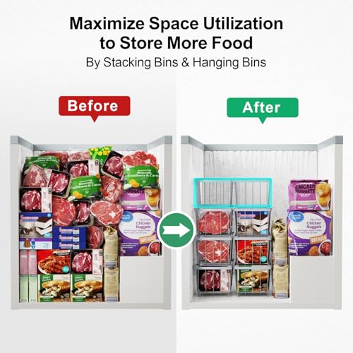 iSPECLE Deep Freezer Organizer Bins - 4 Pack Stackable Small Freezer Organizer Bins for 5 to 9 Cu.FT Small Chest Freezer Sort Frozen Food Easy to Get Food from Bottom without Digging in Freezer, White