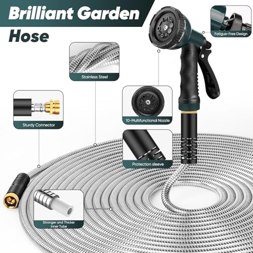 Garden Hose with 10-Function Nozzle, Leak-proof Metal Connector Hose, No Knots, Kink-Free, Lighter, Anti-Pets, Wear-Resistant, 3/4 GHT, Water Hose for Garden, Yard, Outdoor（75 FT）