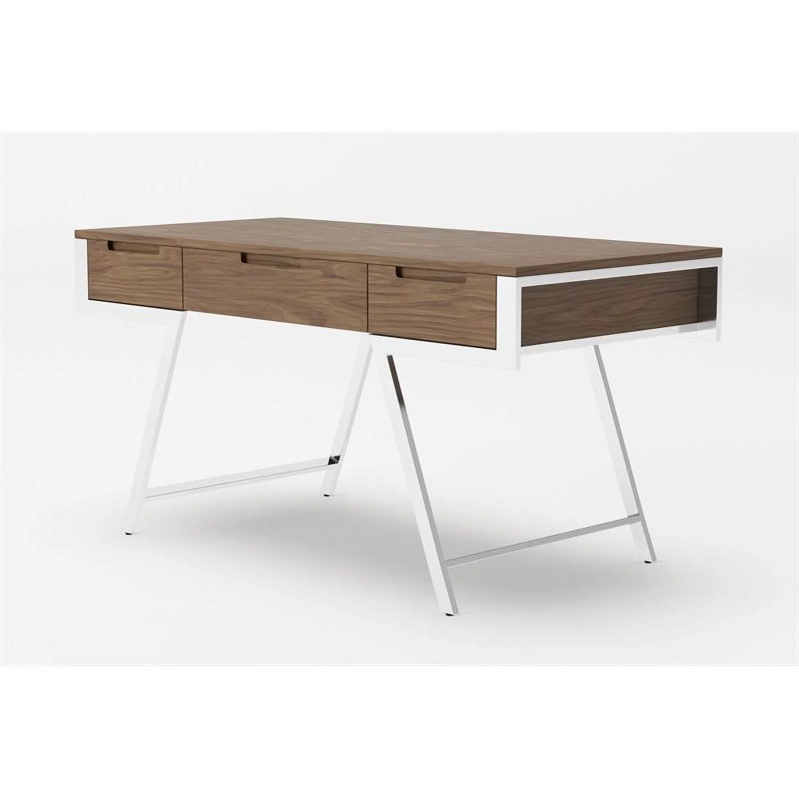 Modrest Dessart 3-Drawer Modern Veneer & Stainless Steel Desk in Walnut/Chrome