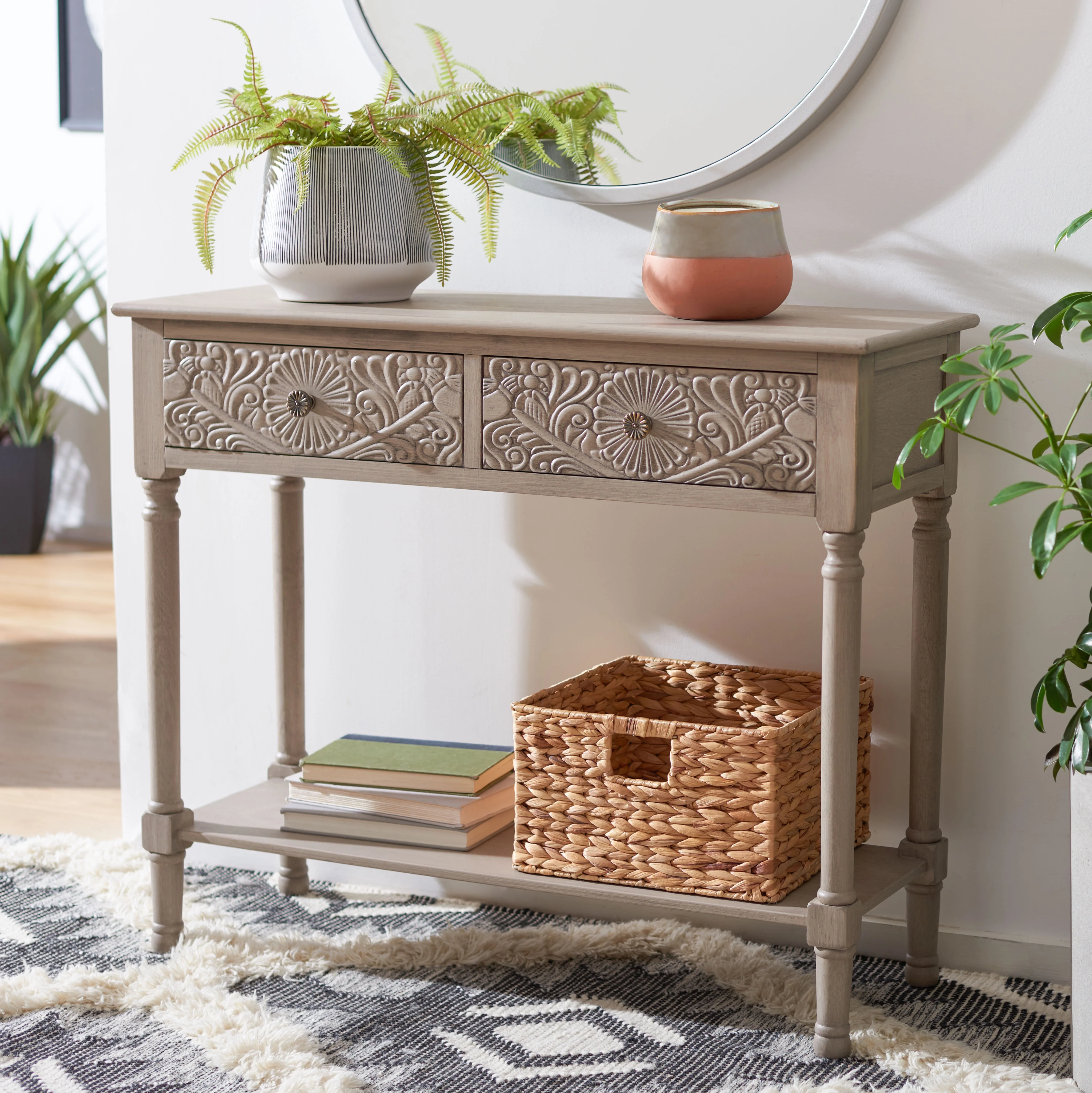 SAFAVIEH Josie French 2-Drawer Taupe Wood Rectangle Console Table (35.5 in. W x 13 in. D x 29.5 in. H)