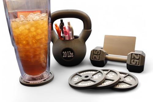 Gym Themed Desk Accessories – Dumbbell Business Card Holder, Kettlebell Pen Holder, and Barbell Coasters