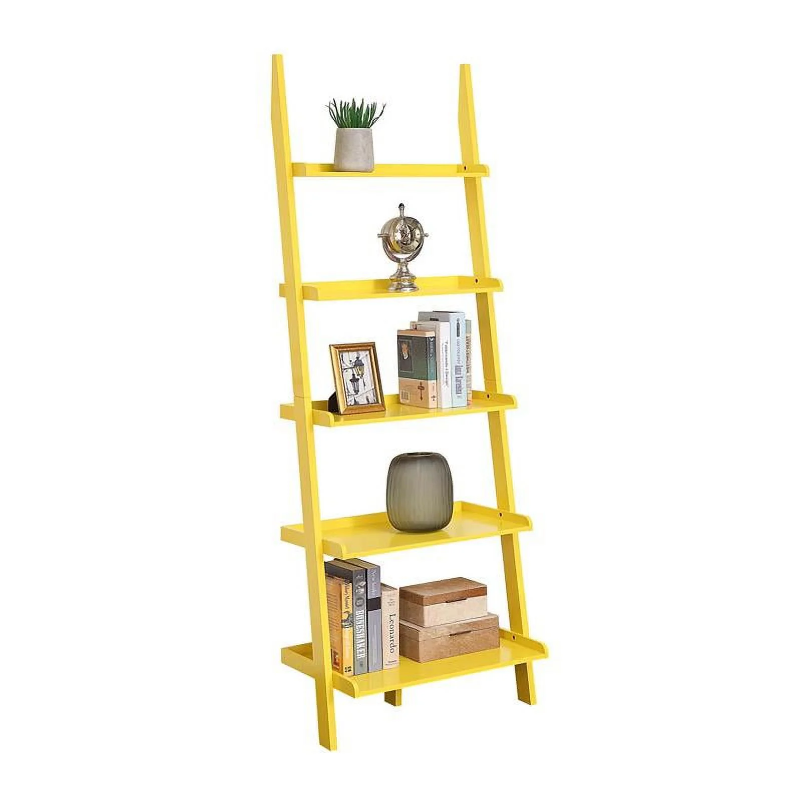 Pemberly Row Bookshelf Ladder with Five Tiers in Bright Yellow Wood Finish