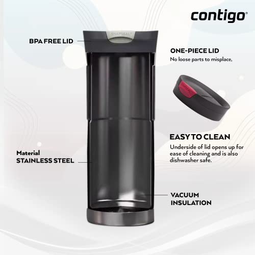 Contigo Byron Snapseal Travel Mug, Stainless Steel Thermal Mug, Vacuum Flask, Leakproof Tumbler, Coffee Mug with BPA Free Easy-Clean Lid, 590 ml, Black