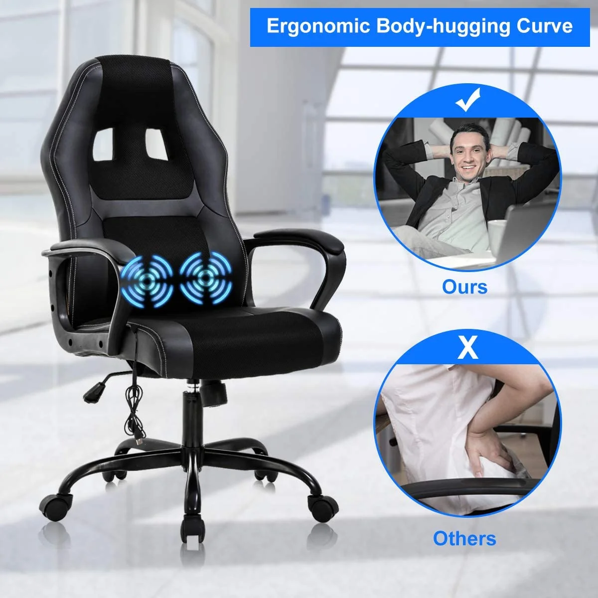 Ergonomic Gaming Chair Massage Computer Desk Chair Adjustable PU Leather Office Chair Rolling Swivel Chair High Back Ergonomic Chair with 360 Degree Rolling Wheels & Lumbar Support for Women, Men