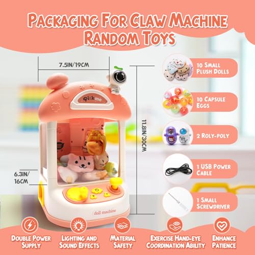 Mini Claw Machine for Kids, Mini Vending Machine with Music and Light Prize Machine for Family DIY Interaction Vending Machine Toys Dual Power Supply Mode, Pink