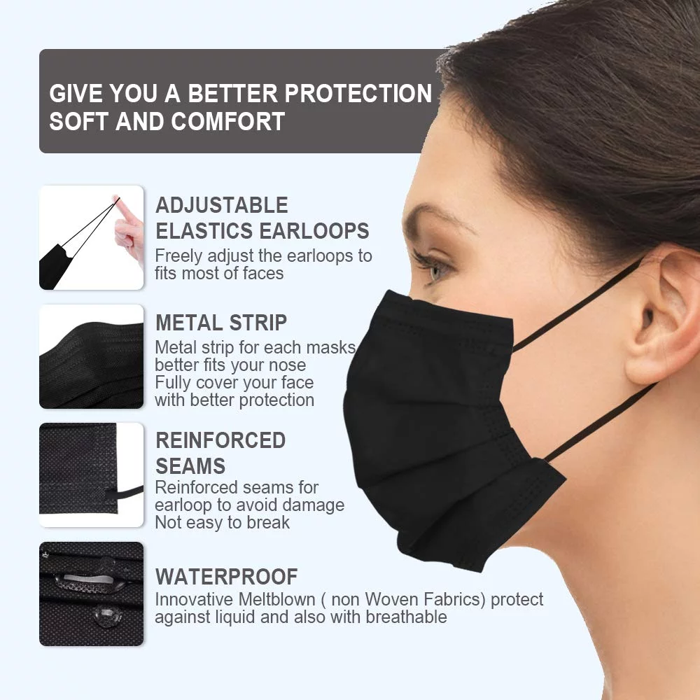 2000 Pack USA Made Disposable Face Masks Black, 3 Ply Breathable Protection Mask