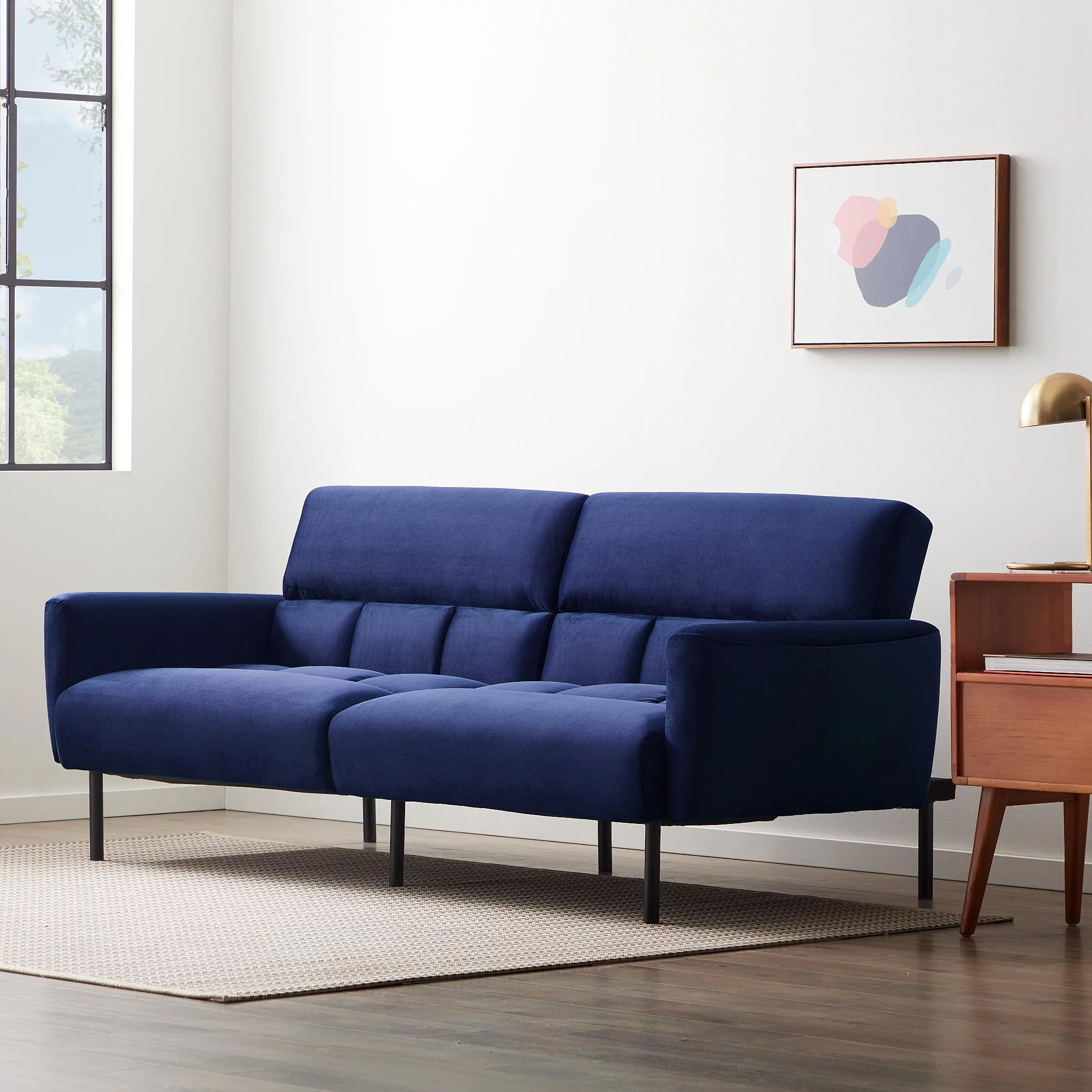 Mayview Sofa Bed with Box Tufting and Removable Arms, Navy Velvet