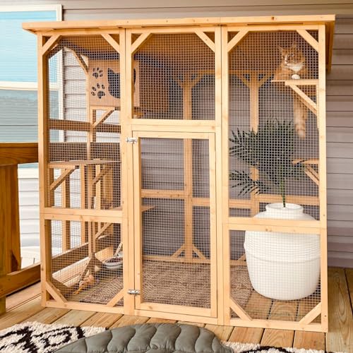 Grepatio Cat Enclosure Large Outdoor Catio Wooden Cat House with Weatherproof, Cat Cage Condo Indoor Playpen with Platform and Small House (Grey)