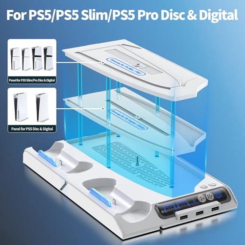 KDD PS5/Slim/Pro Cooling Station with Dual Charger Station for All PlayStation 5 Disc & Digital, PS5 Stand Base with Auto Cooling Fan by Temp Control & 9 LED Lights,PS5 Accessories Docking Station