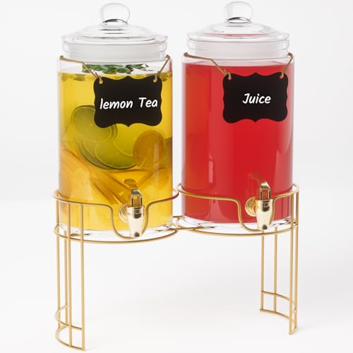 Glass Drink Dispensers For Parties, 2 PACK 1 Gallon Beverage Dispenser With Stand And Spigot Leak proof. Lemonade Dispenser With Ice Cylinder and Chalk board