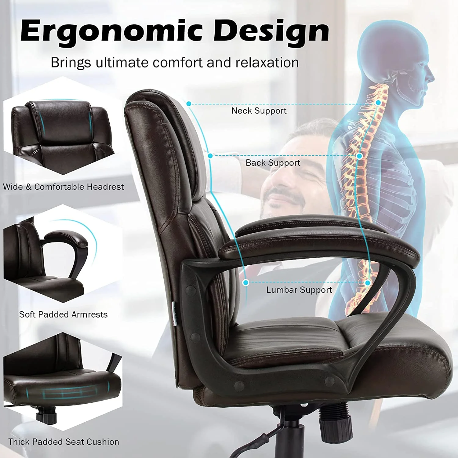 HJZBNONE Office Chair  Leather Modern Executive Chair  Ergonomic Mid Back Computer Desk Chair w/Padded Armrests  Height Adjustable Swivel Task Chair w/Rocking   Dark Brown