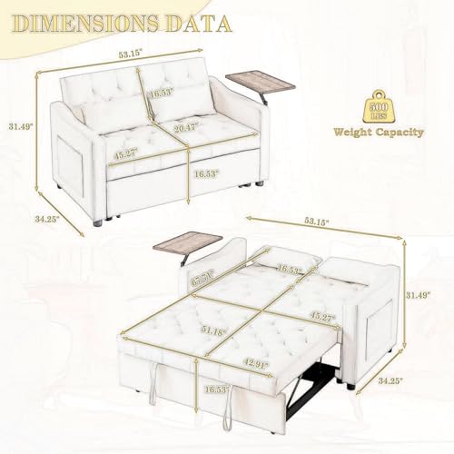 53-Inch Velvet Full Size Sleeper Sofa Couch with Pullout Bed,Convertible Pull Out with Golden Decorative Strip and Adjustable Backrest for Small Spaces,Apartment, Guest Room, RV (04Grey)