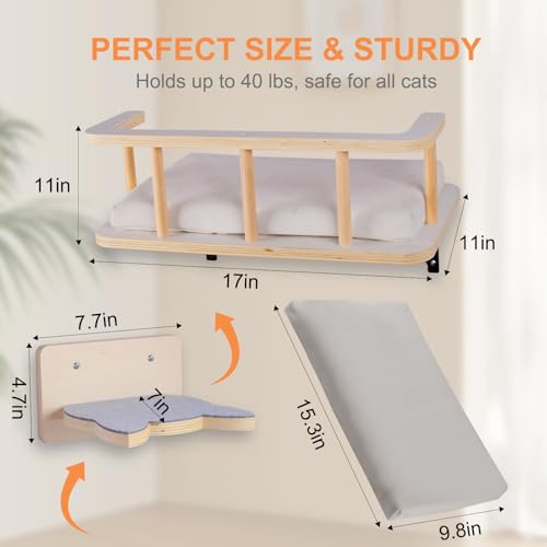 Large Cat Wall Shelves with 5 Steps - Heavy Duty Cat Wall Furniture, Climber, Shelves & Perches with Comfy Cushion & Guardrails, Space-Saving for Indoor Cats (Natural Wood)