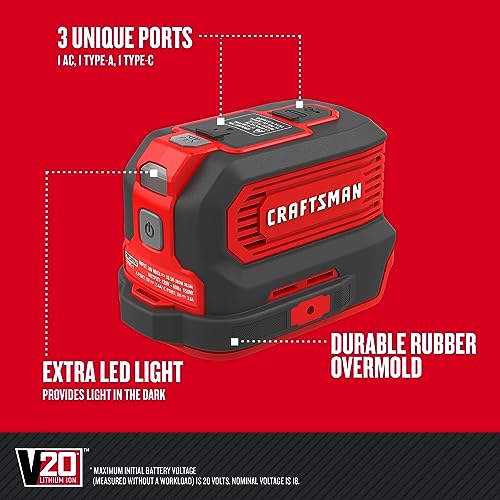 CRAFTSMAN V20 Charger, Power Inverter, Charging Ports for Type-C, Type-A, and AC, 150 Watts, Bare Tool Only (CMCB1150B)