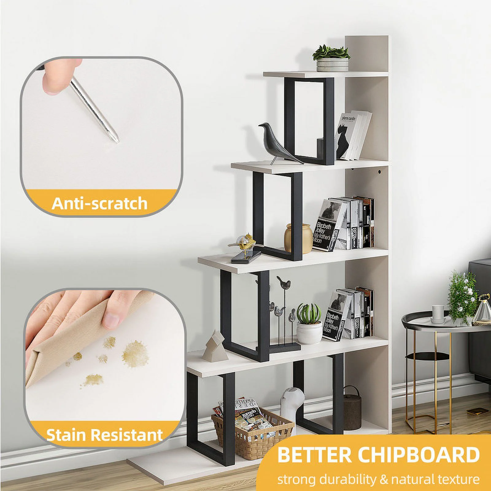 DWVO 5-Tier Bookshelf, Ladder Etagere Bookcase,L-Shape Display Rack Storage Shelf, Freestanding Open Corner Bookshelves for Office, Bedroom, Living Room, Study Room, Cream White