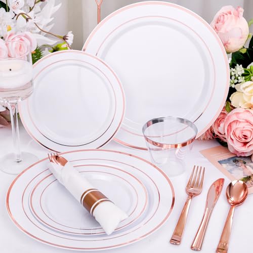 DaYammi 350PCS Clear Gold Plastic Dinnerware Set for 50 Guests, Thanksgiving Plates Disposable, Include: 50 Dinner Plates, 50 Dessert Plates, 50 Pre Rolled Napkins with Gold Silverware, 50 Cups