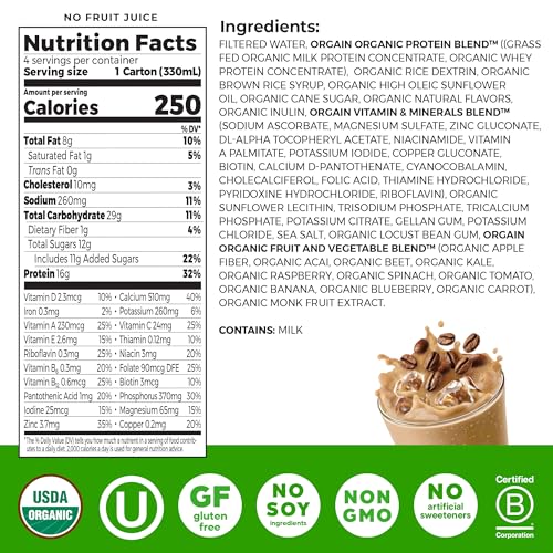 Orgain Organic Nutritional Protein Shake, Vanilla Bean - 16g Grass Fed Whey Protein, Meal Replacement, 20 Vitamins & Minerals, Fruits & Vegetables, Gluten Free, Non-GMO, 11 Fl Oz (12 Pack)