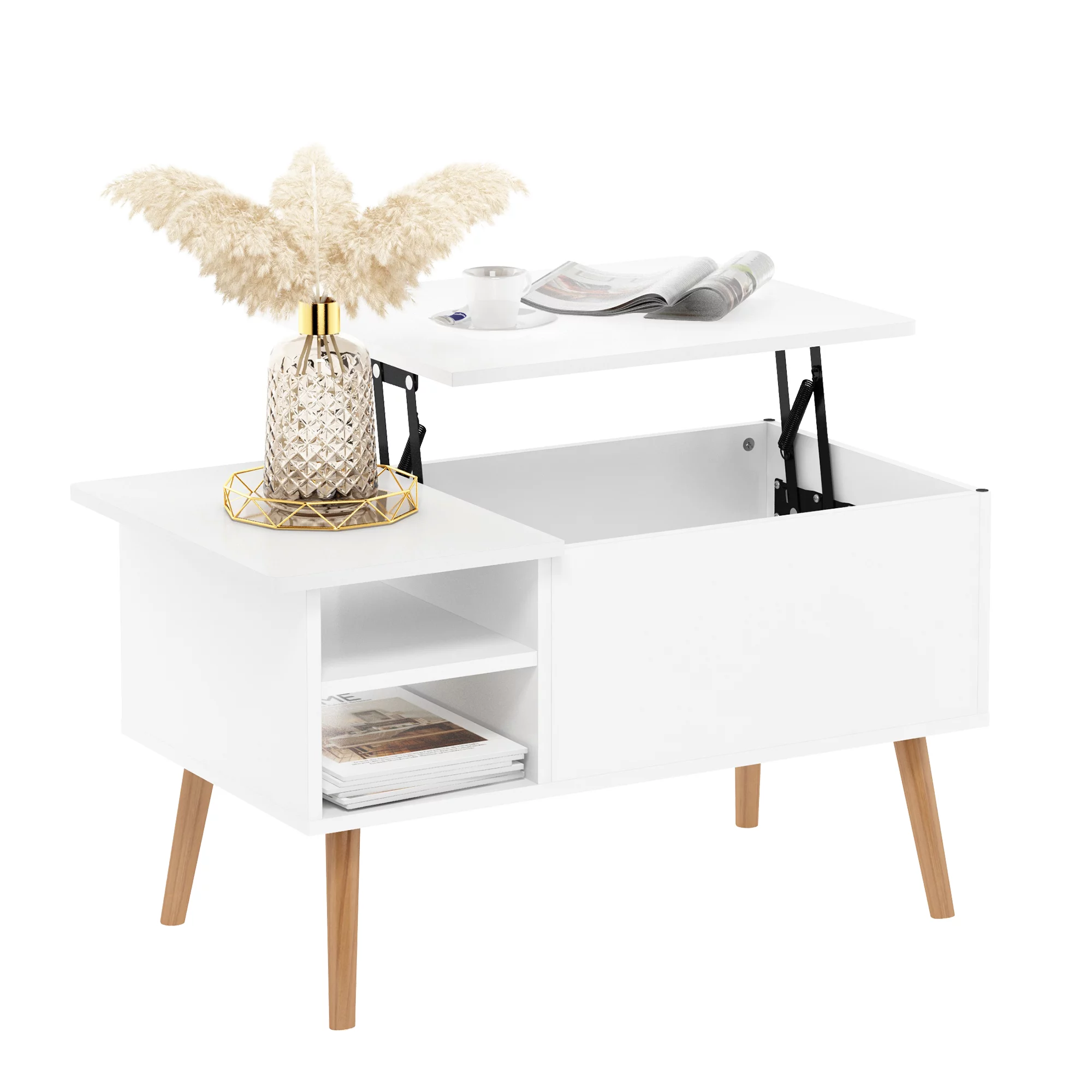 Furinno Jensen Lift Top Coffee Table With Wooden Leg, Solid White