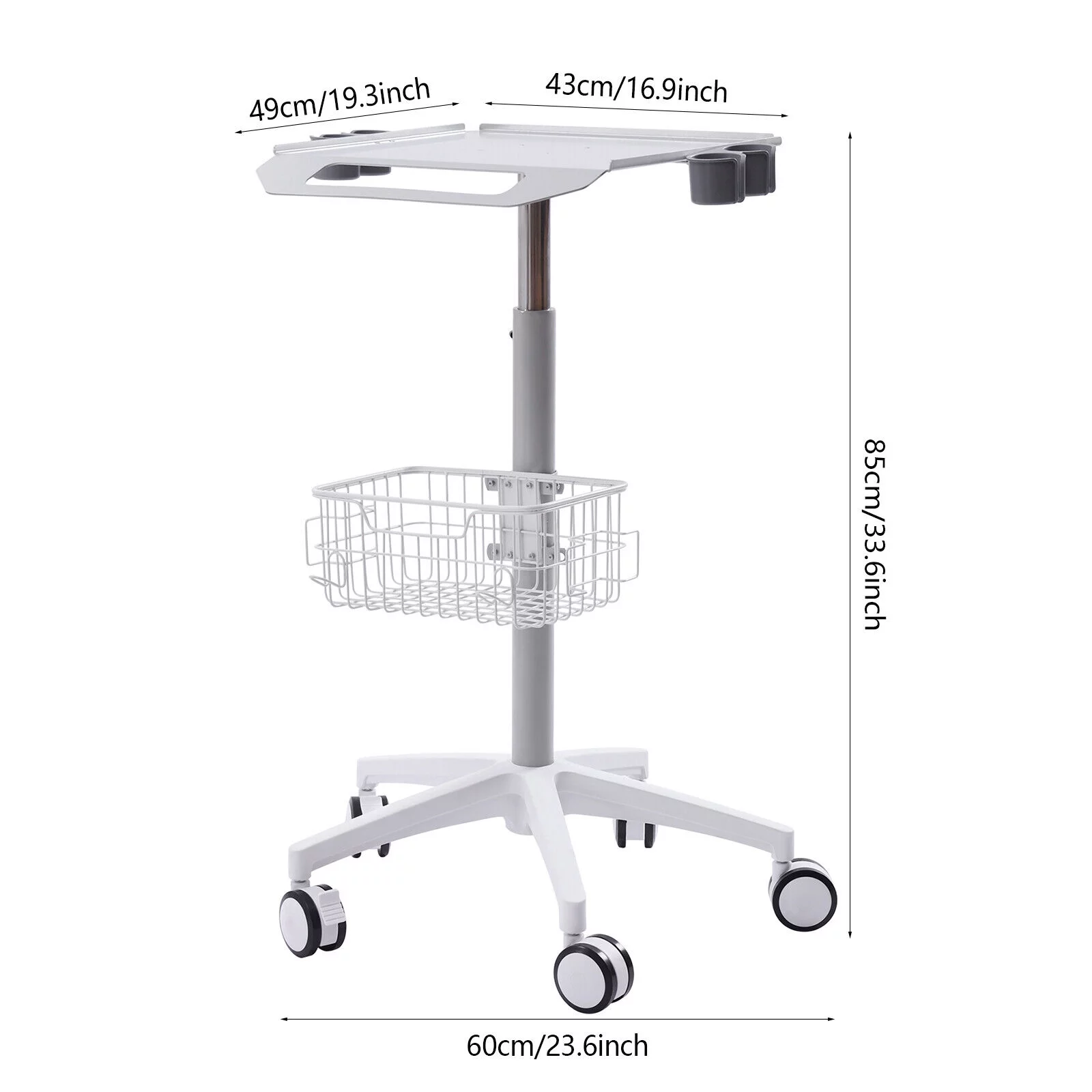 ZhdnBhnos Medical Mobile Trolley Cart Rolling Cart with Wheels & Basket 33.46-43.71in Height Adjustable 55.12LBS Load Capacity