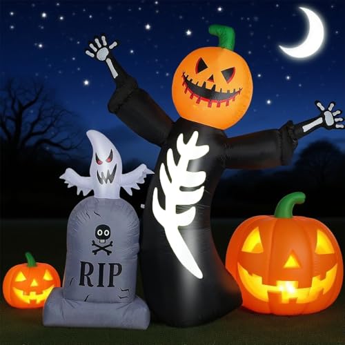 8FT Halloween Inflatable Decoration,Halloween Ghost Skeleton Pumpkin with Built-in LED Lights，Trick or Treat,Outside Decor for Yard Garden Lawn Home Party (Ghost Skeleton Pumpkin)