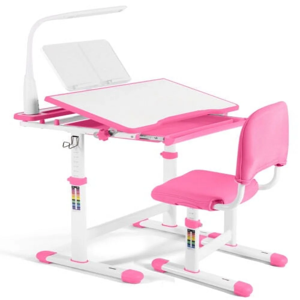 COSVALVE Height Adjustable Kids Study Desk & Chair Set Children Girl Table Large Writing Board Desk with LED Lamp,Drawer,Bookstand,Chair Cover(Pink)