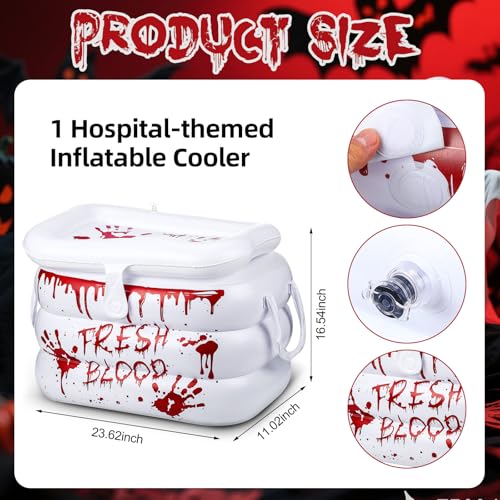 Soulchen Halloween Inflatable Cooler with 24 Blood IV Bags for Drinks, Spooky Hospital-inspired Drink Cooler and Reusable Drink Pouches for Halloween Zombie Vampire Party, Nurse Graduation Decorations