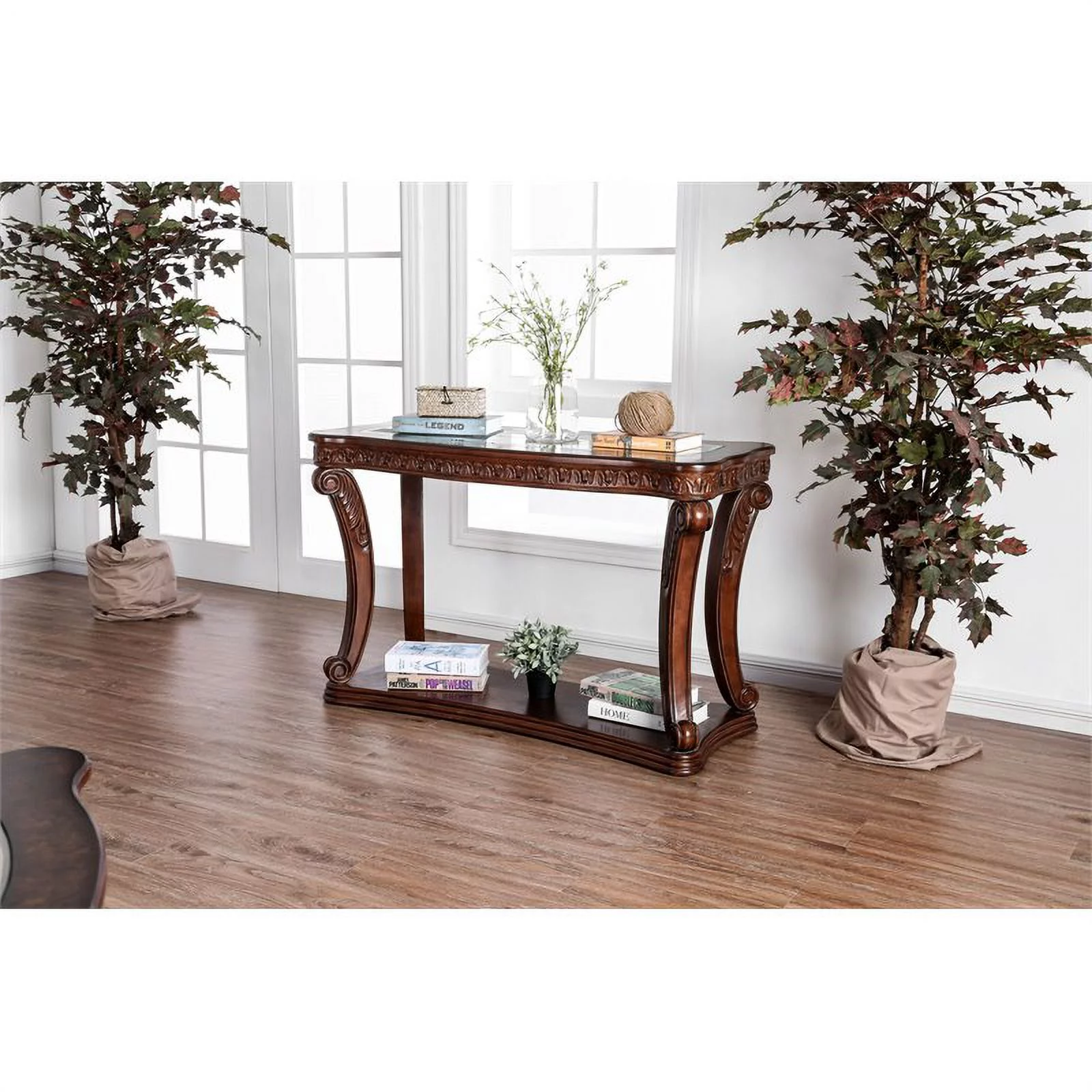 Bowery Hill Contemporary Wood Open Shelf Sofa Table in Dark Oak