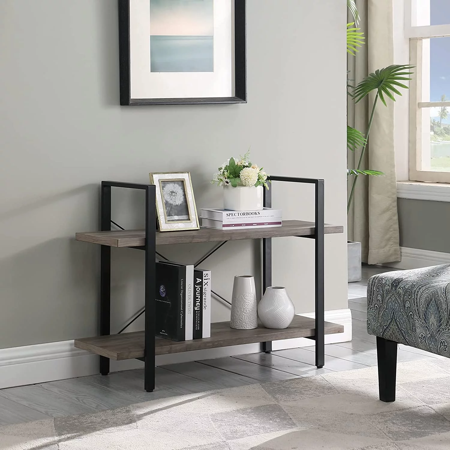 KESHENGDA Bookshelf, 2 Tier Industrial Book Shelf, Grey Wood and Metal Bookcase and Bookshelves, Low Bookshelf for Bedroom, Small Storage Shelf for Living Room, Office and Kitchen, Rustic Grey,228-21G