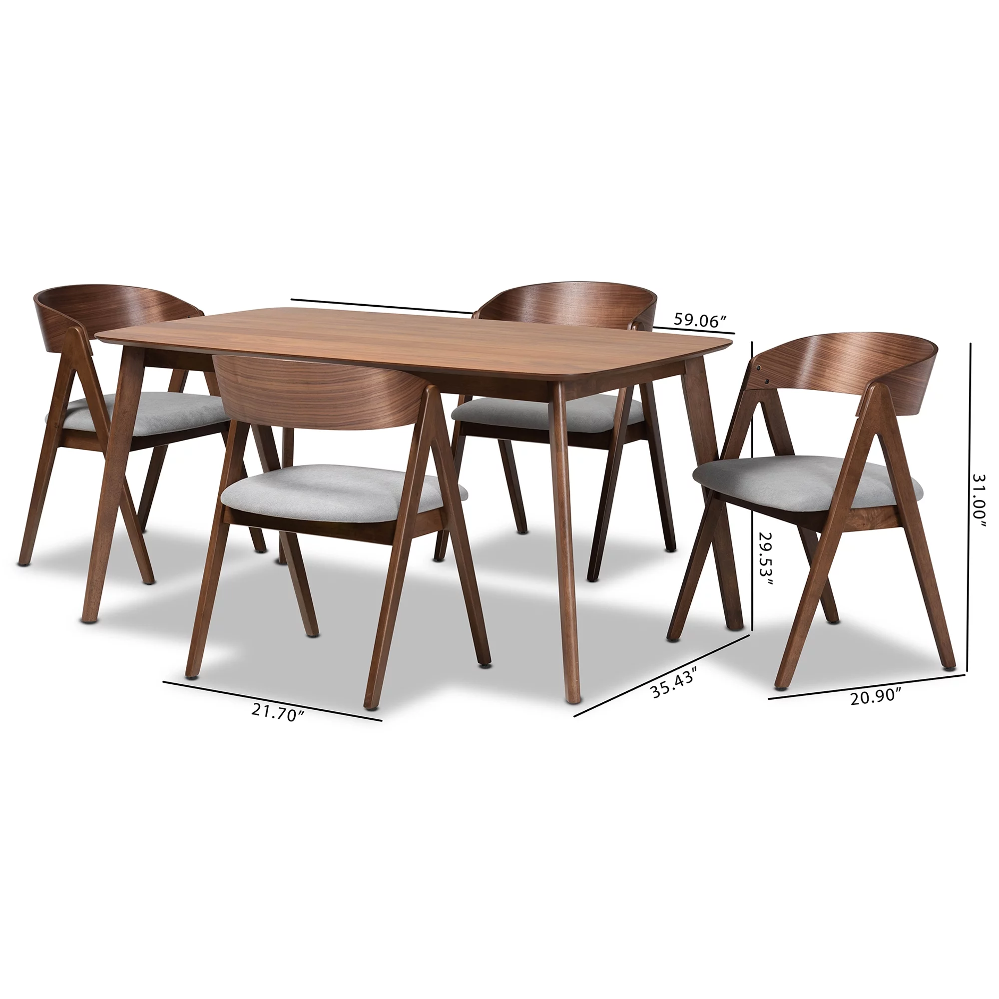 Baxton Studio Danton Mid-Century Modern Grey Fabric Upholstered and Walnut Brown Finished Wood 5-Piece Dining Set