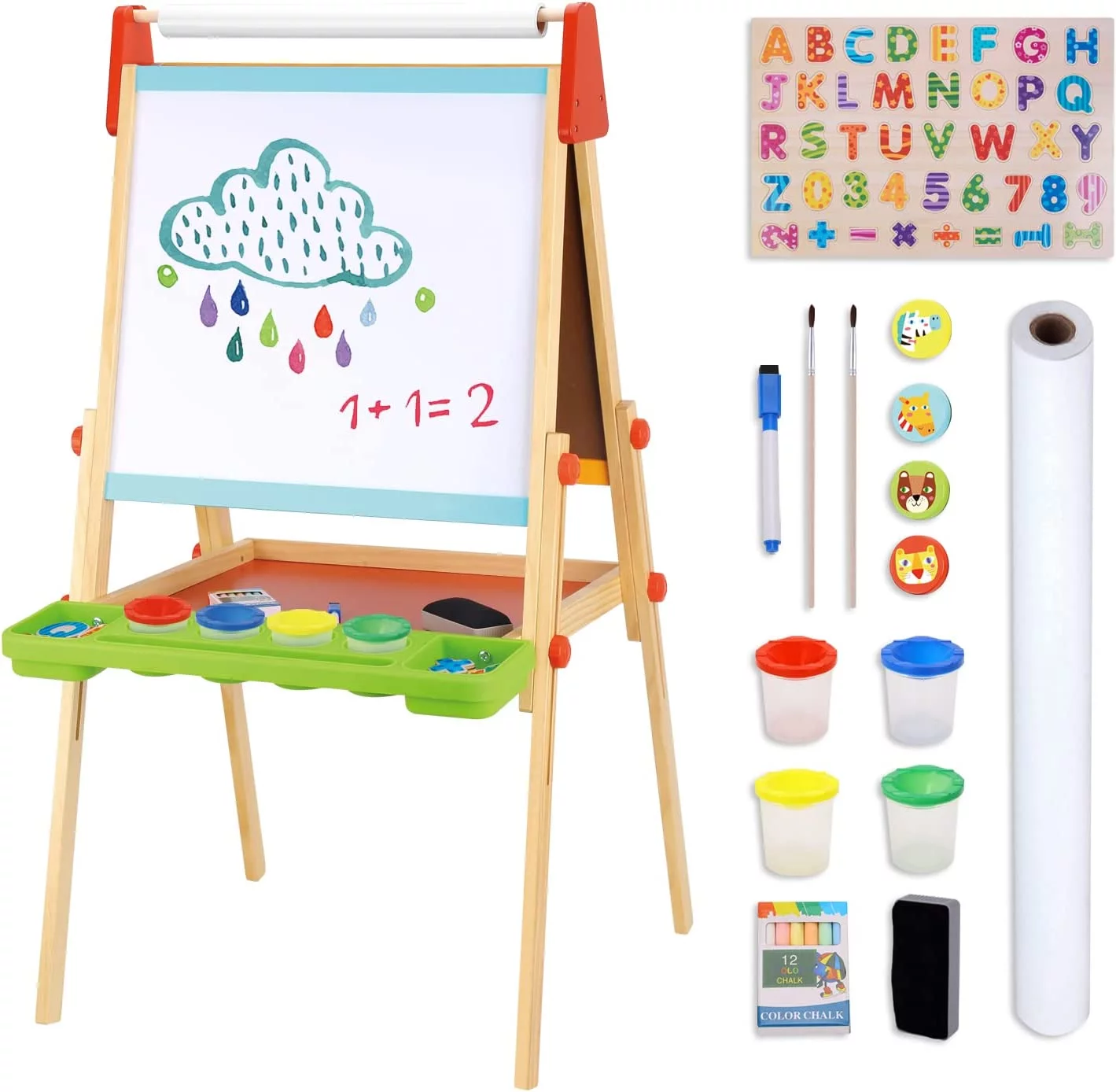 TOOKYLAND Wooden Easel for Kids - Adjustable Height Stand with Magnetic Whiteboard, Chalkboard, Paper Roll, Magnets, Drawing and Painting Accessories; Arts & Crafts Toy for 3 Year Old +