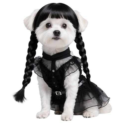 3pcs Dog Costume for Medium Dogs Puppy Clothes with Wig and Belt Black Pet Dog Dress Outfit for Dogs Cats Cosplay Halloween Birthday Party AN002M