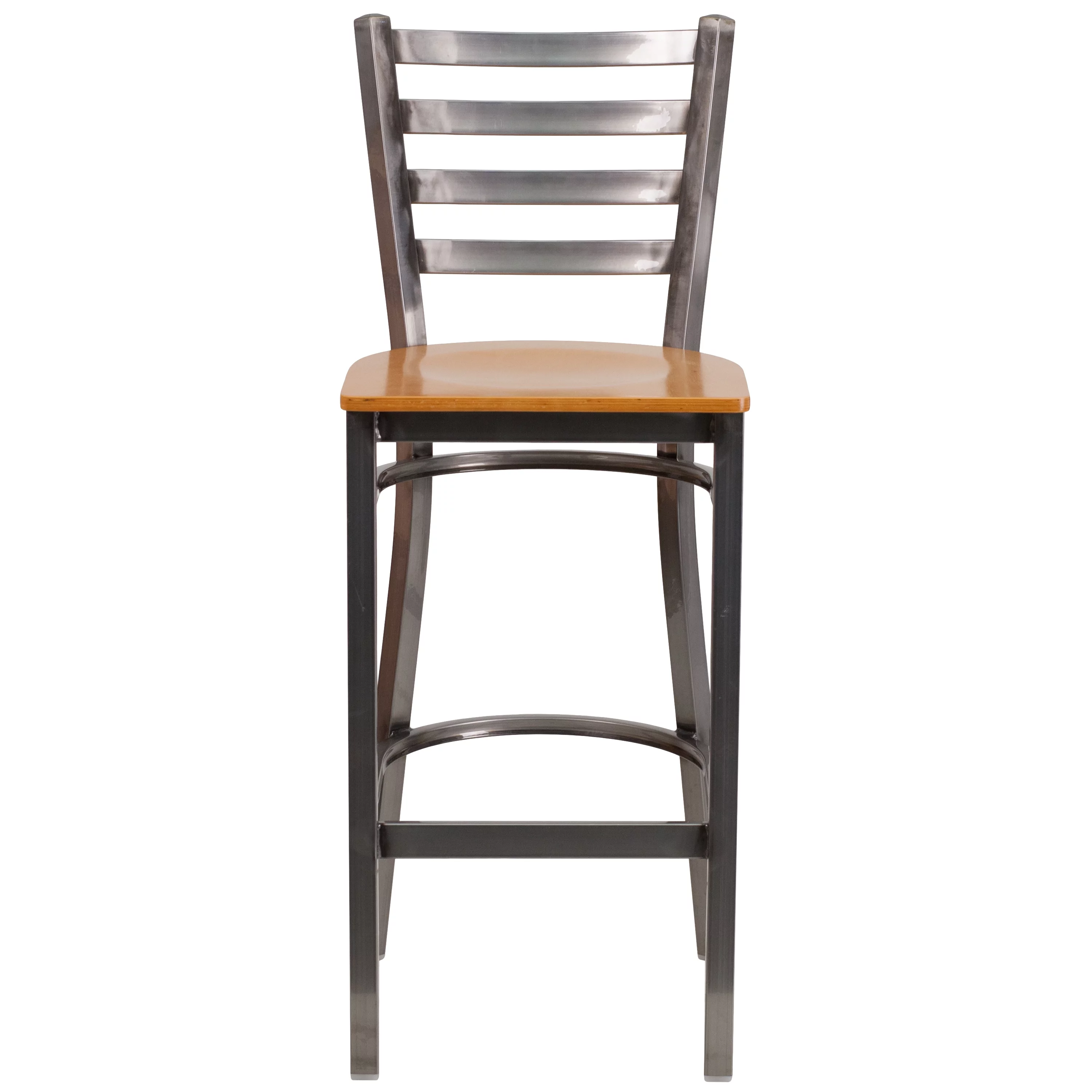 Emma + Oliver Clear Coated Metal Ladder Back Barstool, Natural Wood Seat