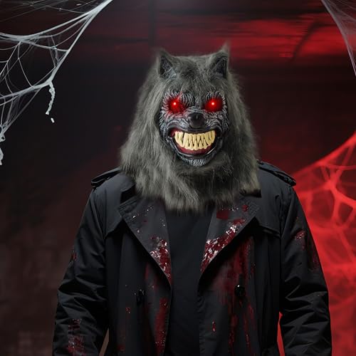 Spooktacular Creations LED Halloween Wolf Werewolf Mask with Movable Jaw, Light Up Halloween Scary Mask for Adult Holiday Horror Cosplay, Glow in the Dark Costume Accessories, Party Dress Up Prop