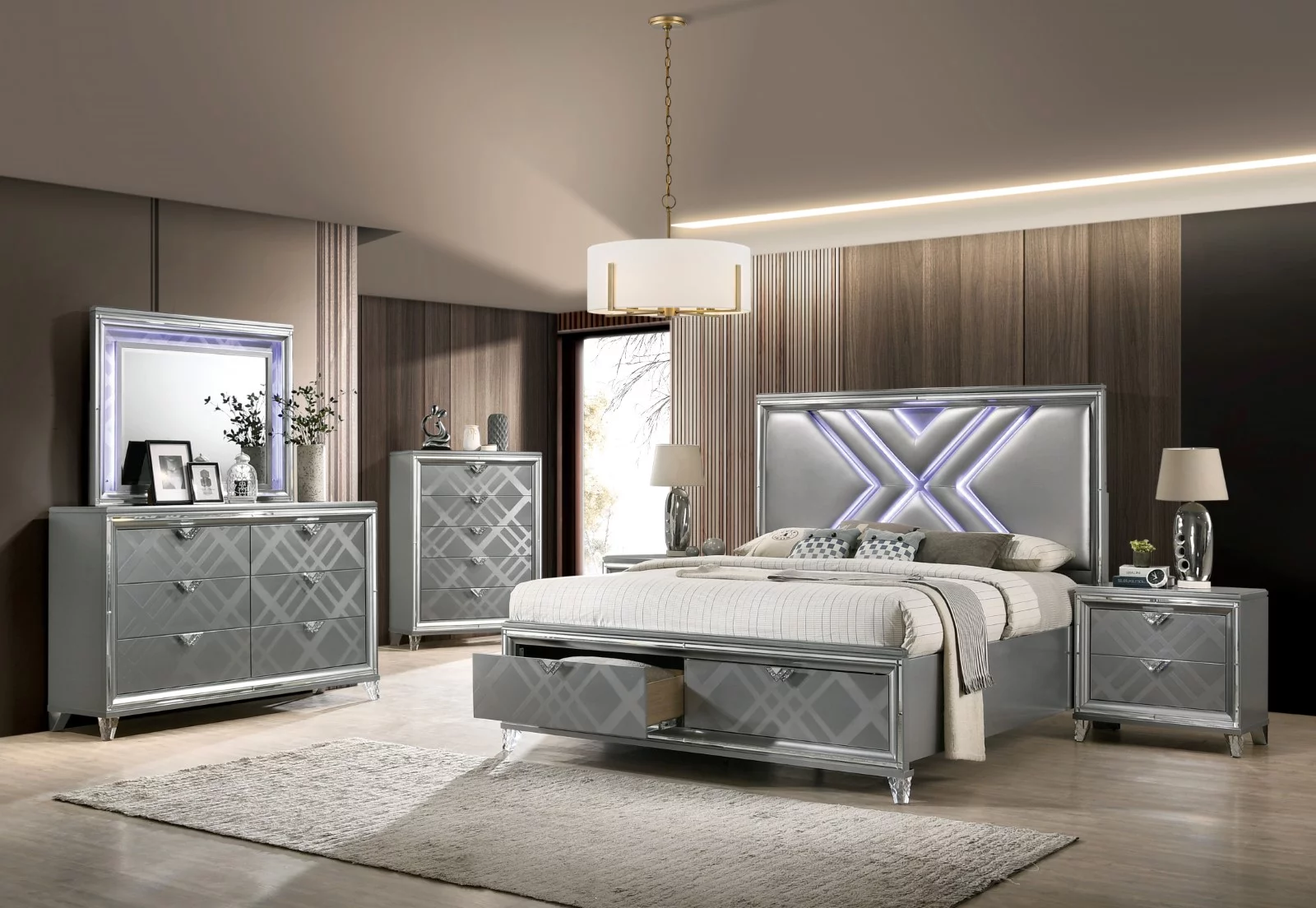 Contemporary Silver Eastern King Size Bed w LED Dresser Mirror USB 2x Nightstands 5pc Set Bedroom Furniture Chrome Pulls