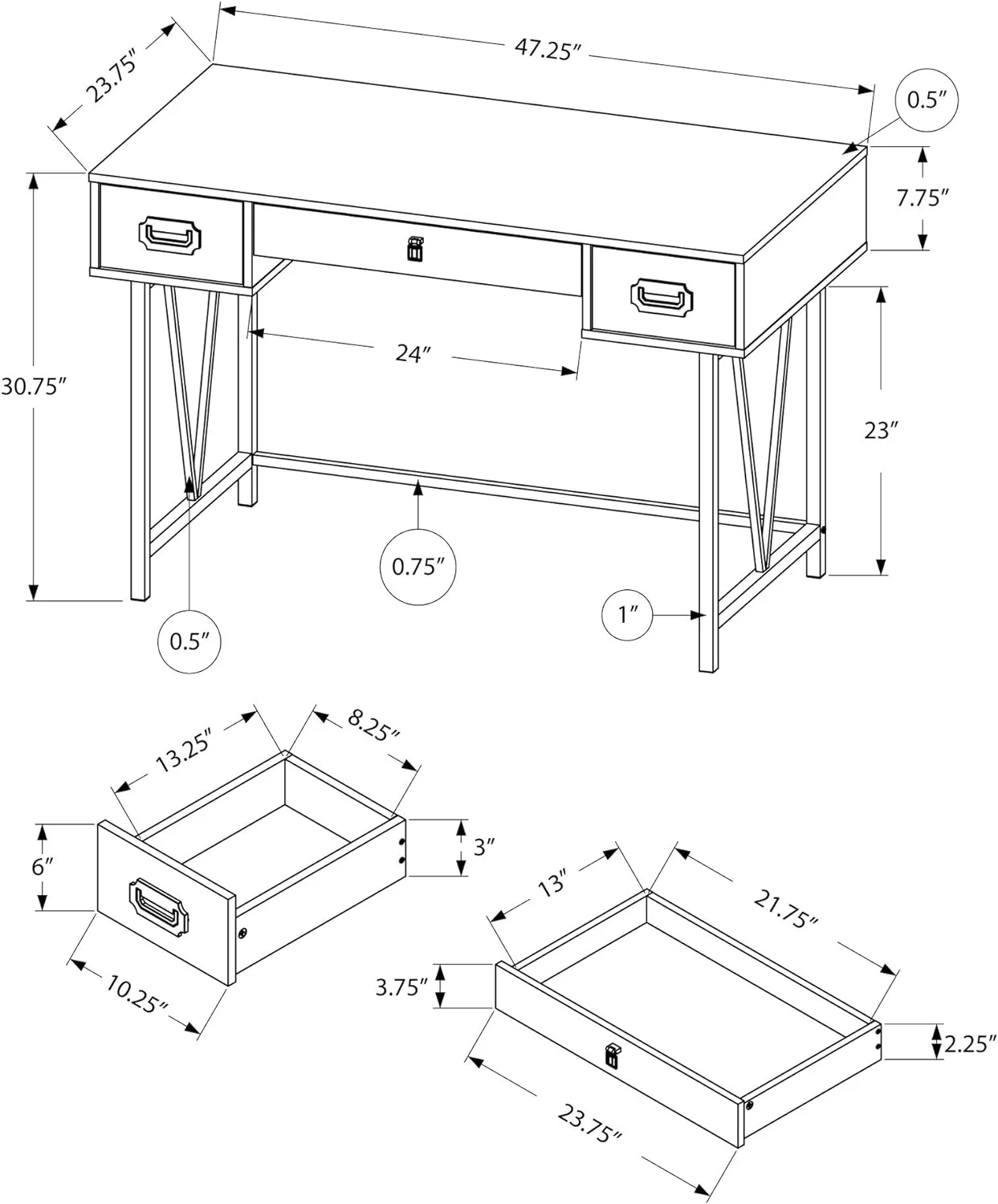 Laptop Table With Drawers-Industrial Style-Metal Legs Computer Desk Home & Office, 48
