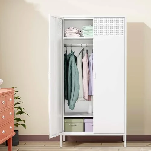 KHBIULIFE Metal  Cabinets Locker with Hanging Rod and Adjustable Shelves  71'' Clothing Steel  Wardrobe for Home & Office  School  Employee Gym(White)