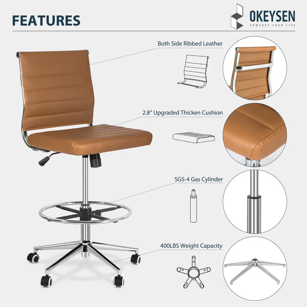 Okeysen Armless Desk Stool Drafting Chair Ergonomic Leather Office Chair Modern Standing Desk Chair with Adjustable Foot Ring, Ribbed Mid Back & Swivel Rolling, Brown