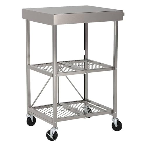 Origami Folding Kitchen Cart on Wheels, 3-Tier Foldable Rolling Cart - Chefs Outdoor Cart for Wine and Food, Microwave Cart, Plating Shelf