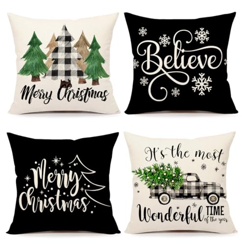 4TH Emotion Buffalo Check Christmas Pillow Covers 18x18 Set of 4 Red Black Farmhouse Christmas Decorations Winter Holiday Decor Throw Cushion Case for Home Couch S22C38