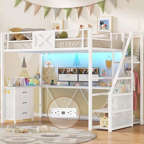 Itaar Stairway Twin Size Loft Bed with L Shaped Desk and Wardrobe, Metal Loft Bed Frame with Storage Stairs,3 Fabric Drawers, LED Lights & Charging Sation,No Noise & No Box Spring Needed, White