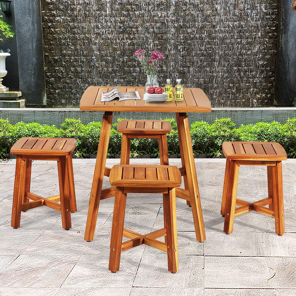 5 Piece Patio Dining Furniture Set Outdoor Acacia Wood Dining Conversation Set with 4 Stools, Wooden Table and Armless Chair Set for Garden Porch Backyard Balcony Poolside