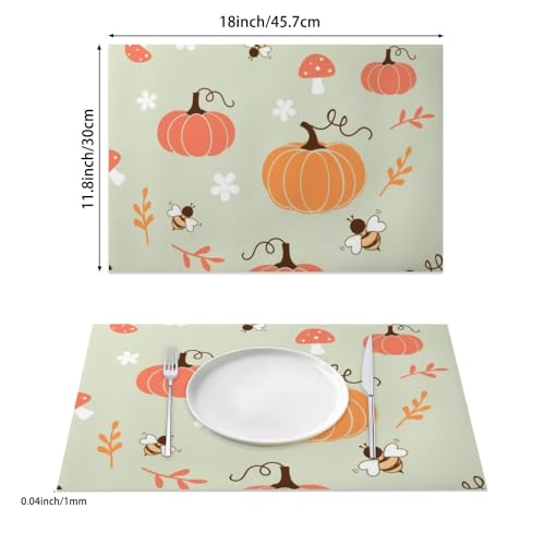 Kitchen Placemat Faux Leather Cartoon Pumpkin Bee 12 X 18 Inch Plate Placemats Cute Autumn Bees Dining Table Insulating Mats Placemats Waterproof Festival Party Thanksgiving Table Pack of 6