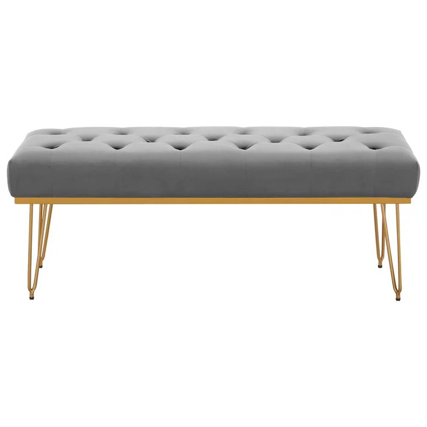 Rectangular Velvet Ottoman with Metal Base, Gray and Golden, Luxury Home Furniture