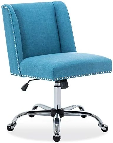 Modern Upholstered Linen Office Chair With Nailhead Trim, Armless Adjustable Height Swivel With Wheels, Stylish Farmhouse Computer Desk Seating - Blue