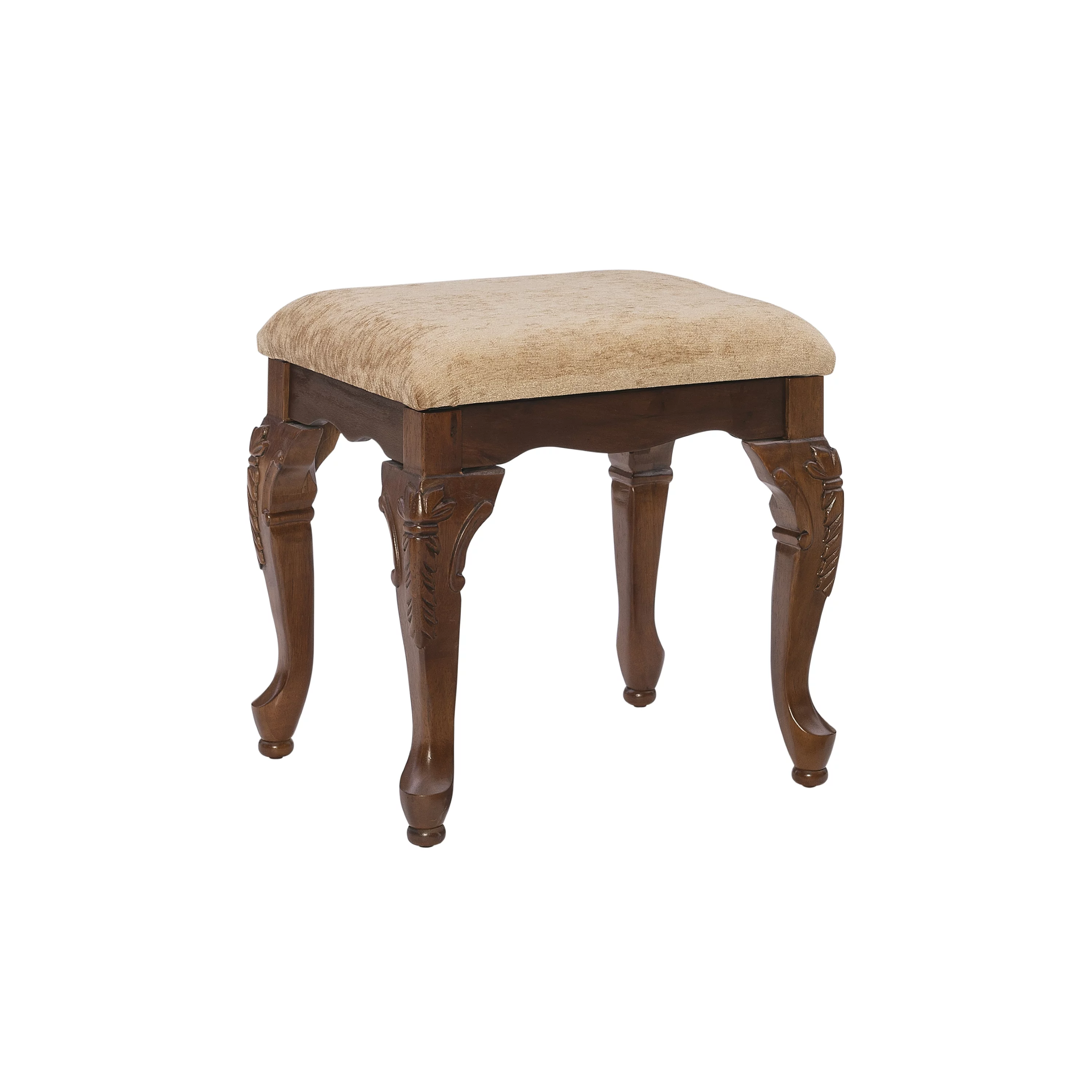 Nelson Upholstered Vanity Bench, Lightly Distressed Deep Cherry Base with Beige Chenille Fabric