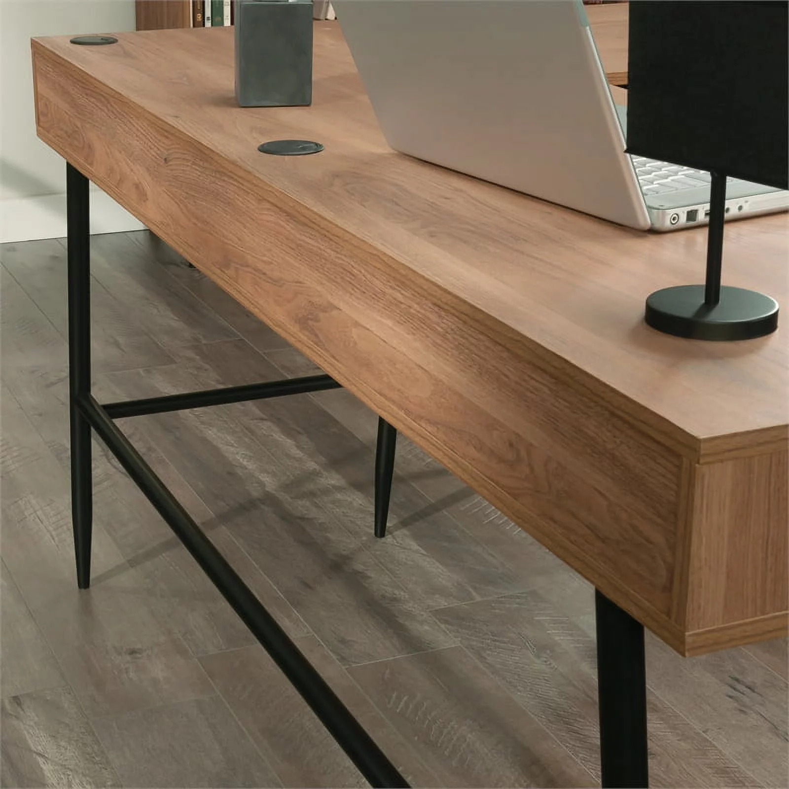 Sauder Ambleside Engineered Wood/Metal L-Desk in Serene Walnut