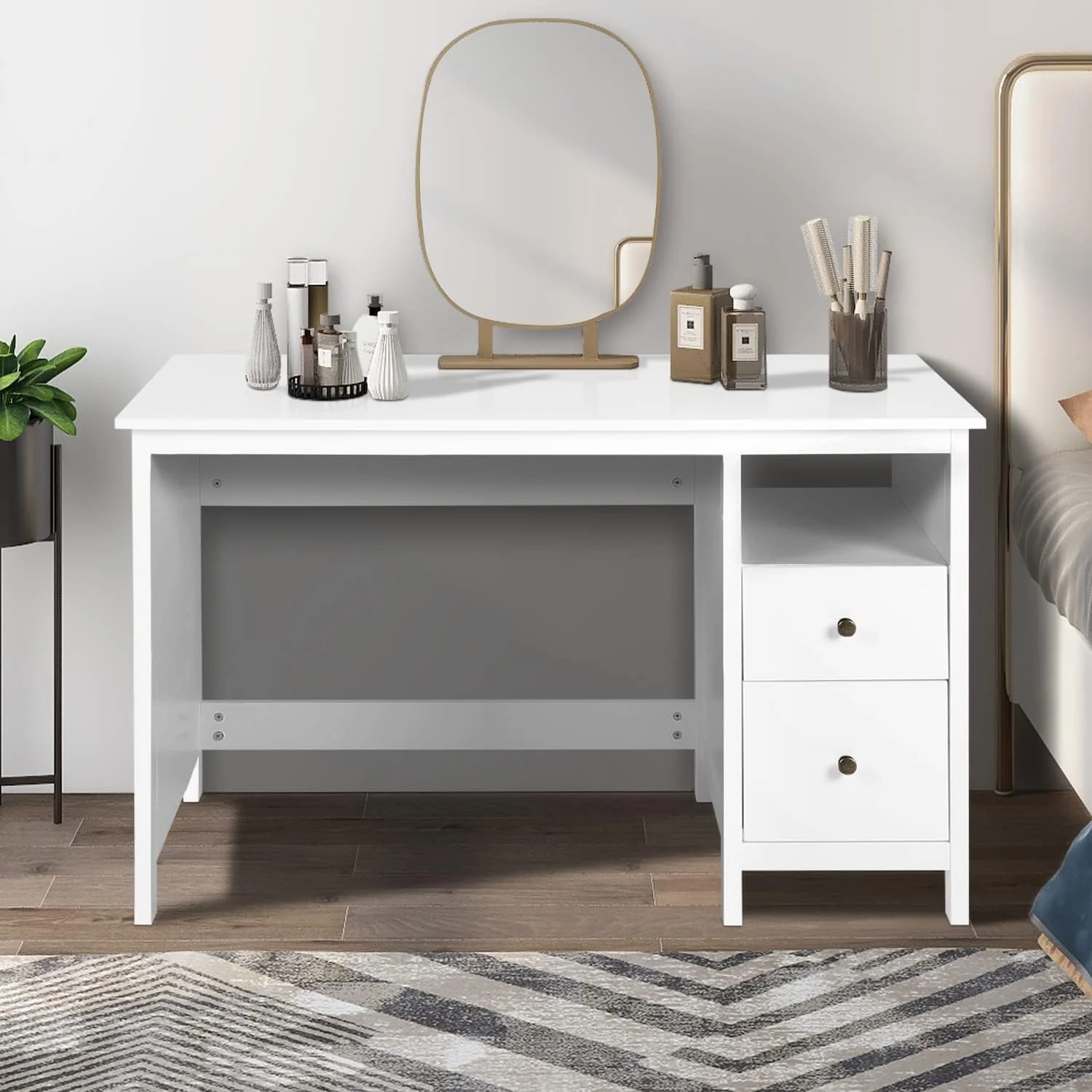 ENSTVER White Writing Desk with Drawers, 47” Home Office Study Computer Desk with Storage Cabinet & Open Shelf, Simple Vanity Table for Bedroom