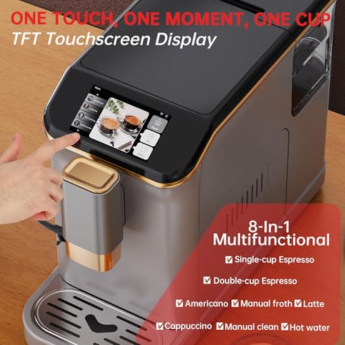 Espresso Machine with 15 Grind Settings | Fully Automatic, 20 Bar Pressure & Milk Frother - Touch Display, 1.5L Tank, Steel Gold